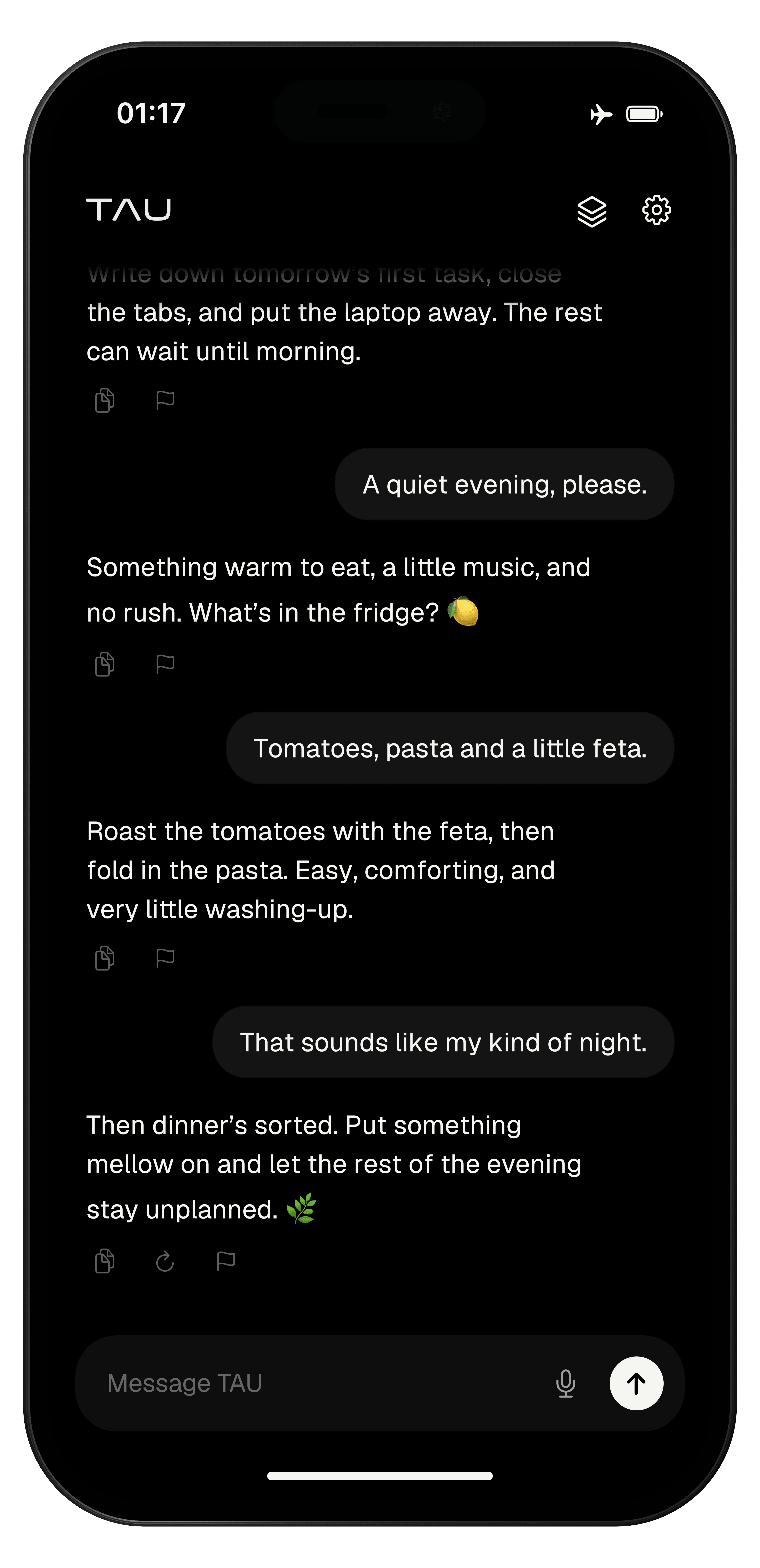 Illustrated TAU chat on a front-facing black iPhone: a quiet evening, tomato and feta pasta, and a warm reply with lemon and leaf emojis.